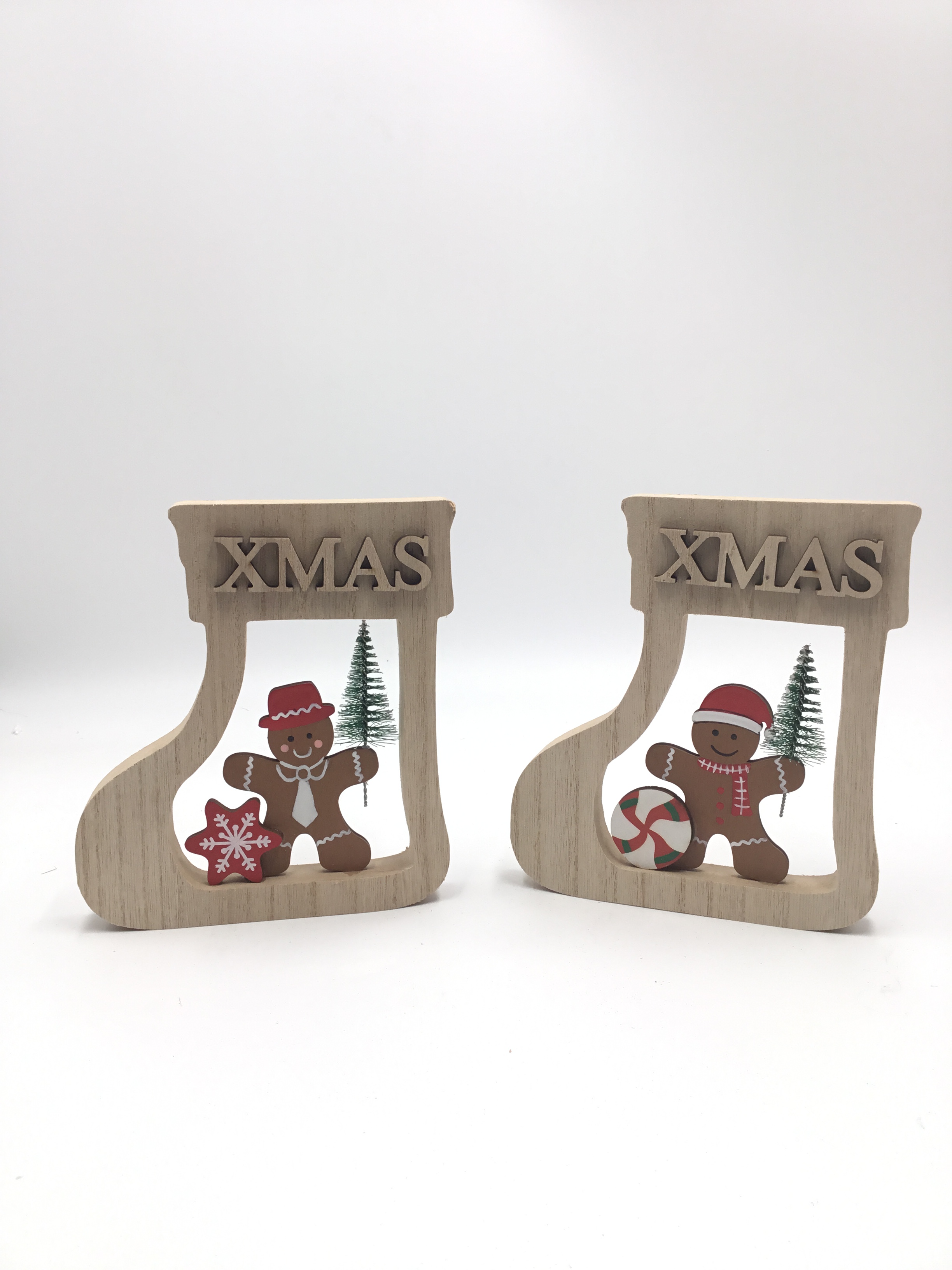 23JBR048 Wooden Gingerbread with stockings,  Chrismas Tabletop Decoration