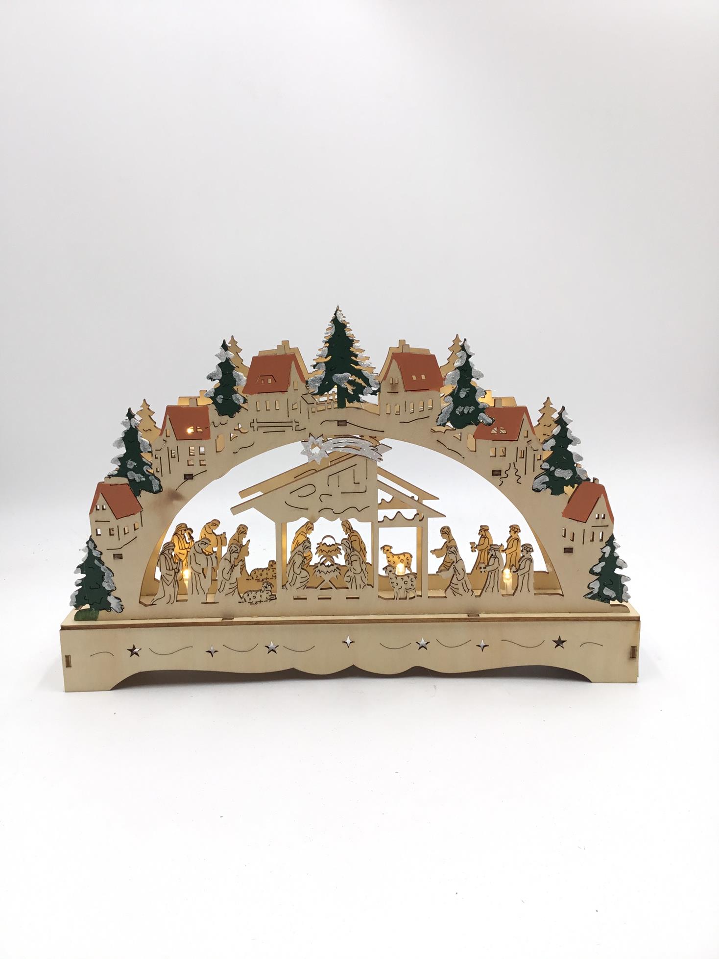 23QD007 wooden Christmas Winter landscape in wooden with nativity design & LED-light