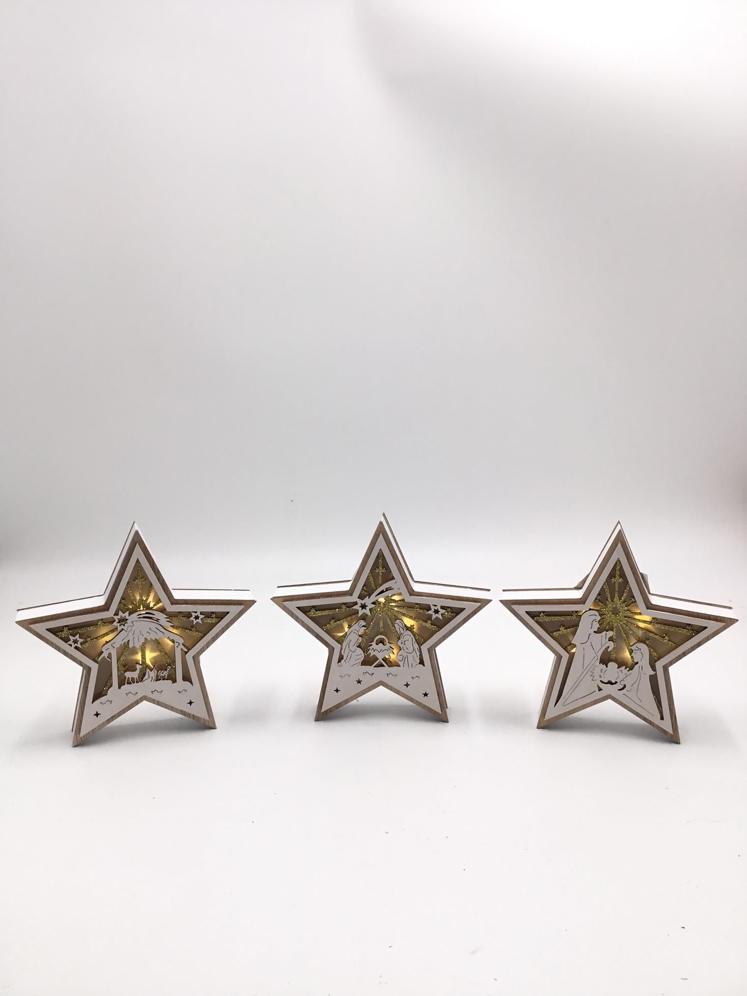 23LED018 Wholesale Christmas  Ornament Star Shape Decoration Nature Wooden ornaments