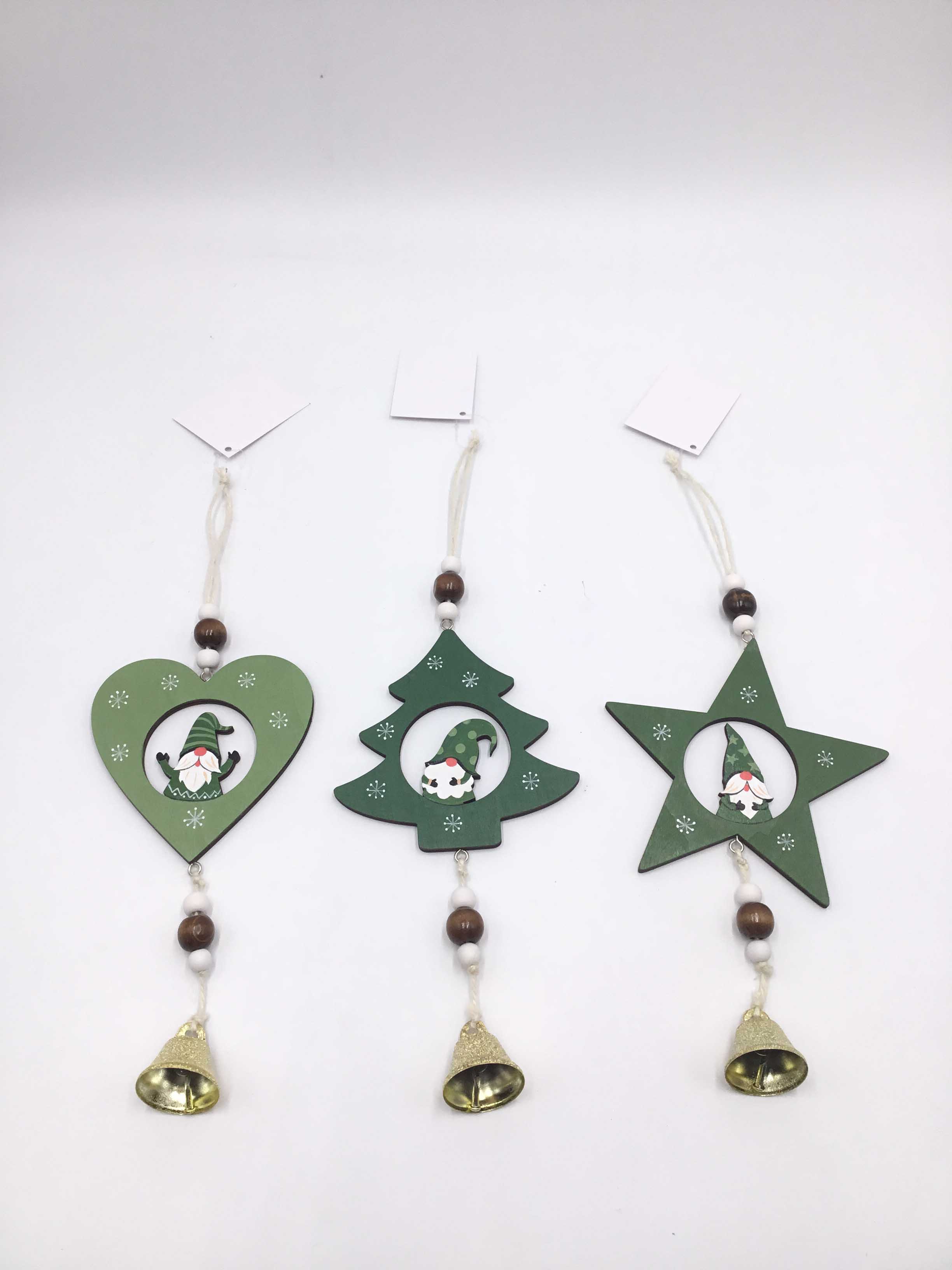 23LV009 Christmas Hanging Ornaments Santa Claus Set With Bells, Wood Xmas Tree Hanging Decorations