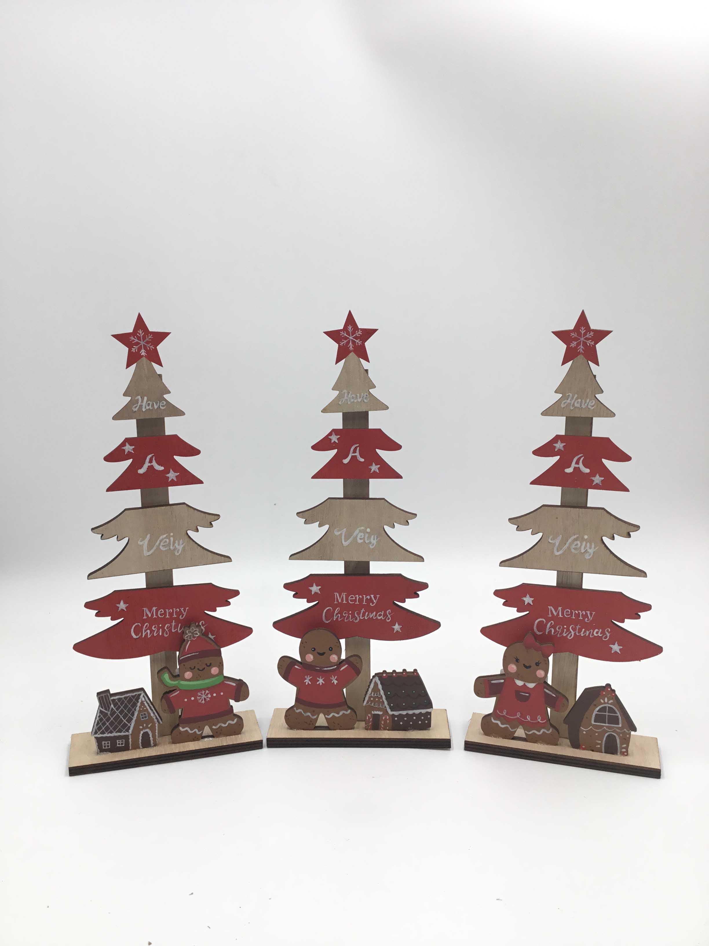 23JBR019 Christmas Decoration Ornaments，The Gingerbread Man with Wood Star Tree，and Mini Wooden Christmas Tree